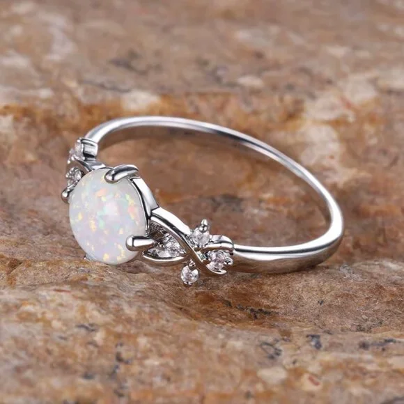 NEW 14k White Gold Round White Opal Diamond Ring Band - Picture 3 of 4